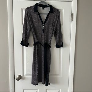 Ann Taylor Knit Dress Navy/Black with Pink Dot Flowers Sz L